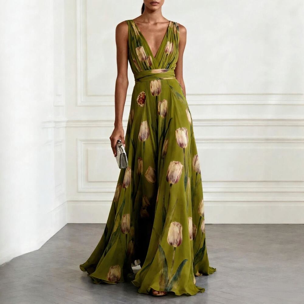 Small Tulip Floral Wrap Waist Maxi Dress Olive Green Pink Wedding Guest